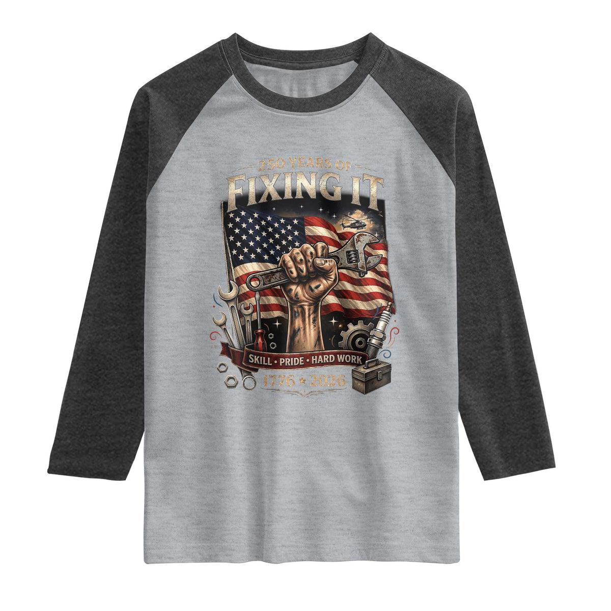 250 Years Of Fixing It Mechanic Pride Raglan Shirt America 250 Anniversary Gift