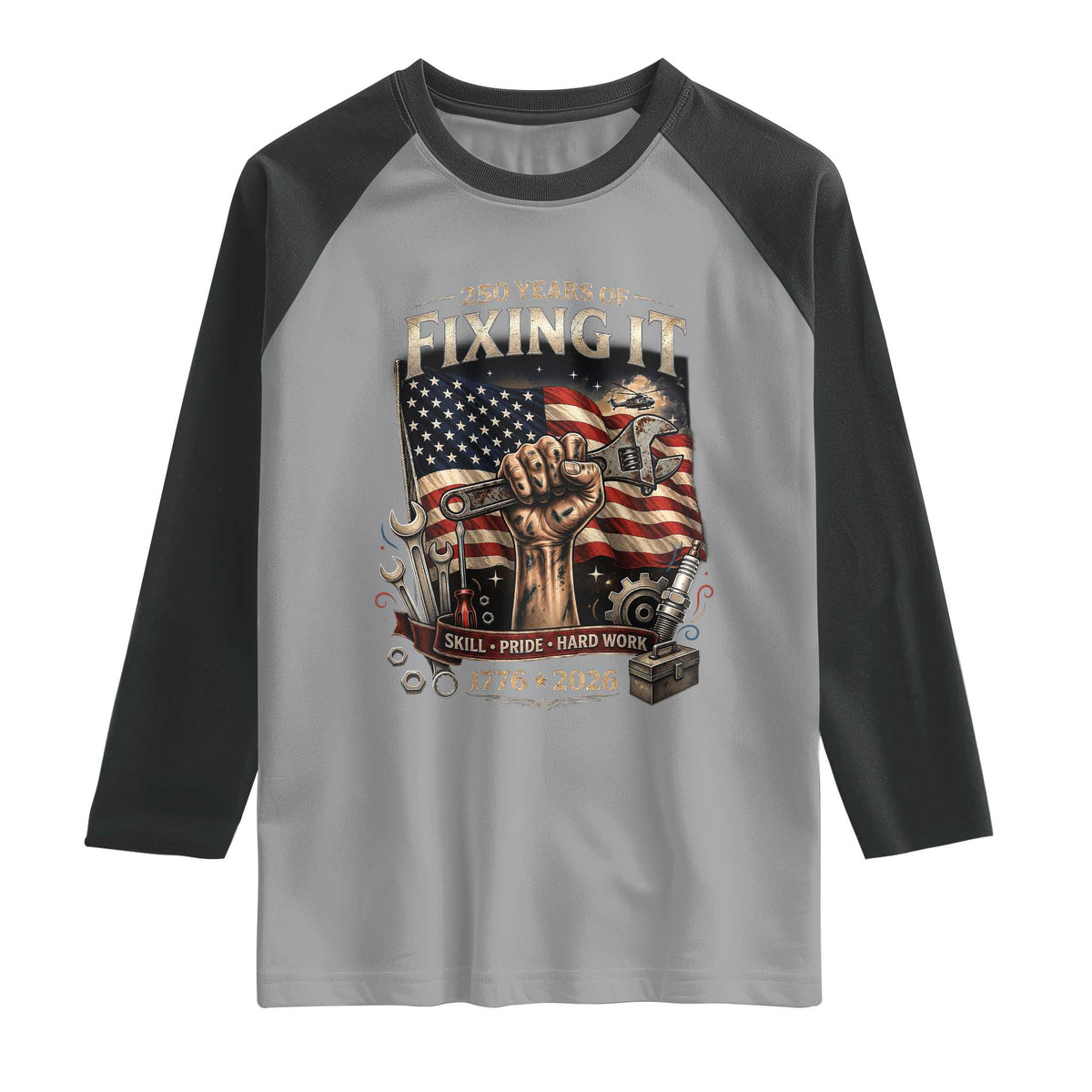 250 Years Of Fixing It Mechanic Pride Raglan Shirt America 250 Anniversary Gift