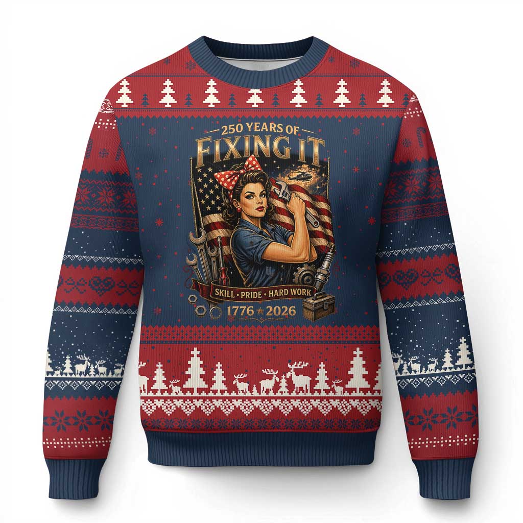 Patriotic Rosie Mechanic Feminist Pride Ugly Christmas Sweater 250 Years Of Fixing It