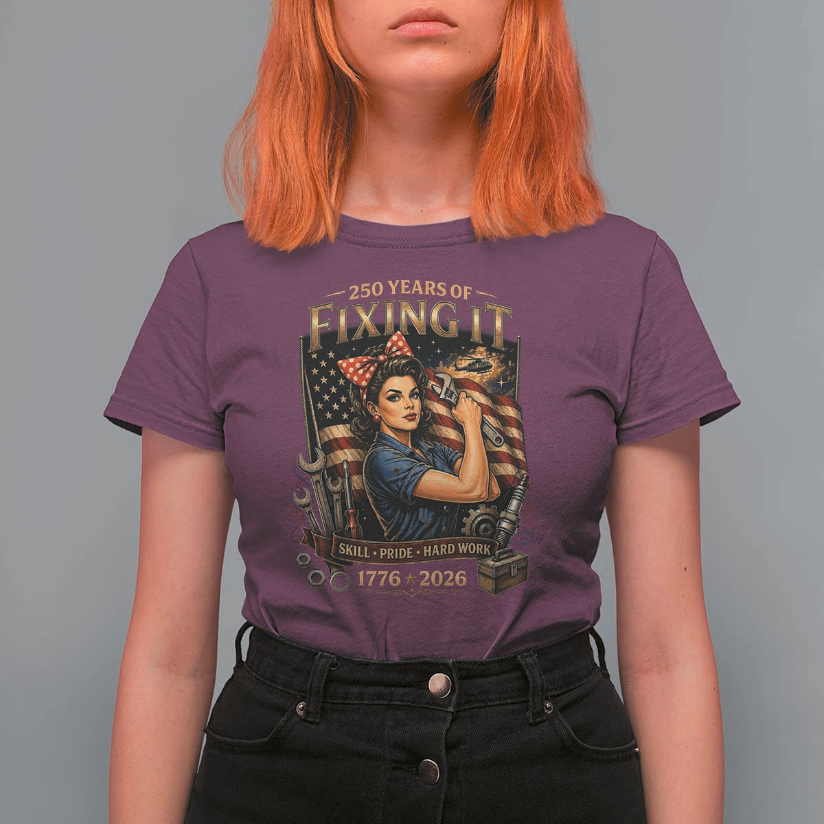 Patriotic Rosie Mechanic Feminist Pride T Shirt For Women 250 Years Of Fixing It