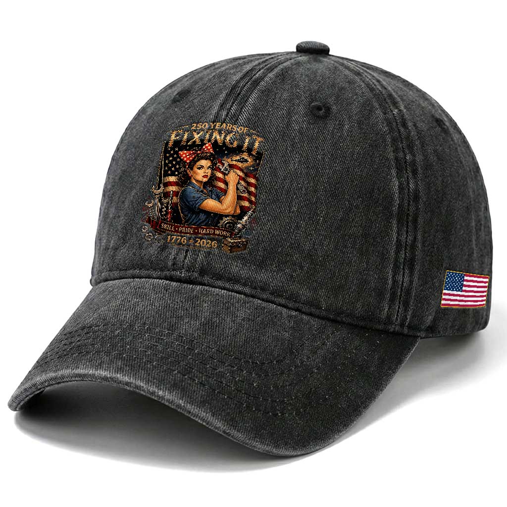 Patriotic Rosie Mechanic Feminist Pride Washed Cotton Baseball Cap 250 Years Of Fixing It