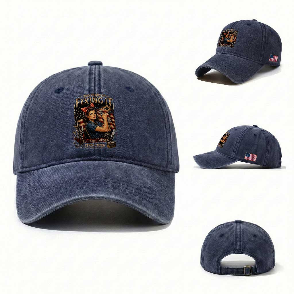 Patriotic Rosie Mechanic Feminist Pride Washed Cotton Baseball Cap 250 Years Of Fixing It