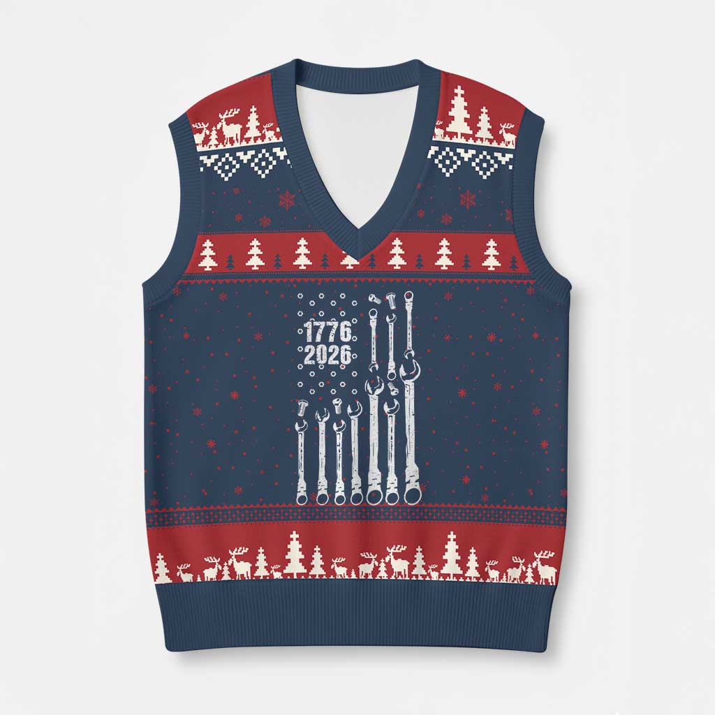 Patriotic Mechanic Gift V-Neck Knit Sweater Vest American Flag Automotive Lover