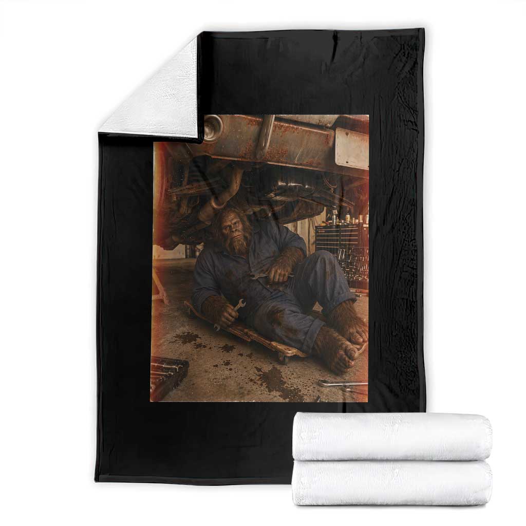Bigfoot Mechanic Meme Throw Blanket Funny Sasquatch Fixing Cars