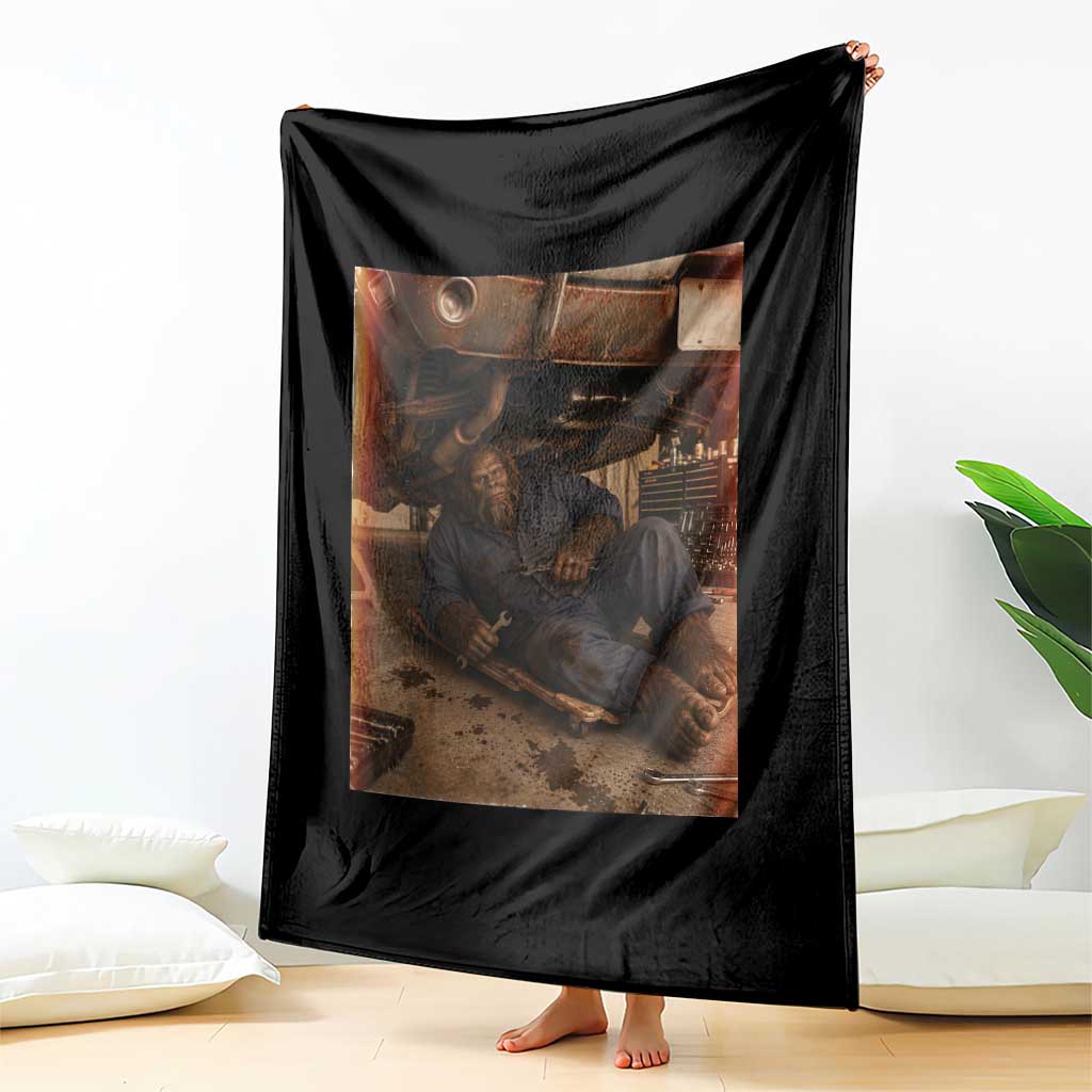 Bigfoot Mechanic Meme Throw Blanket Funny Sasquatch Fixing Cars