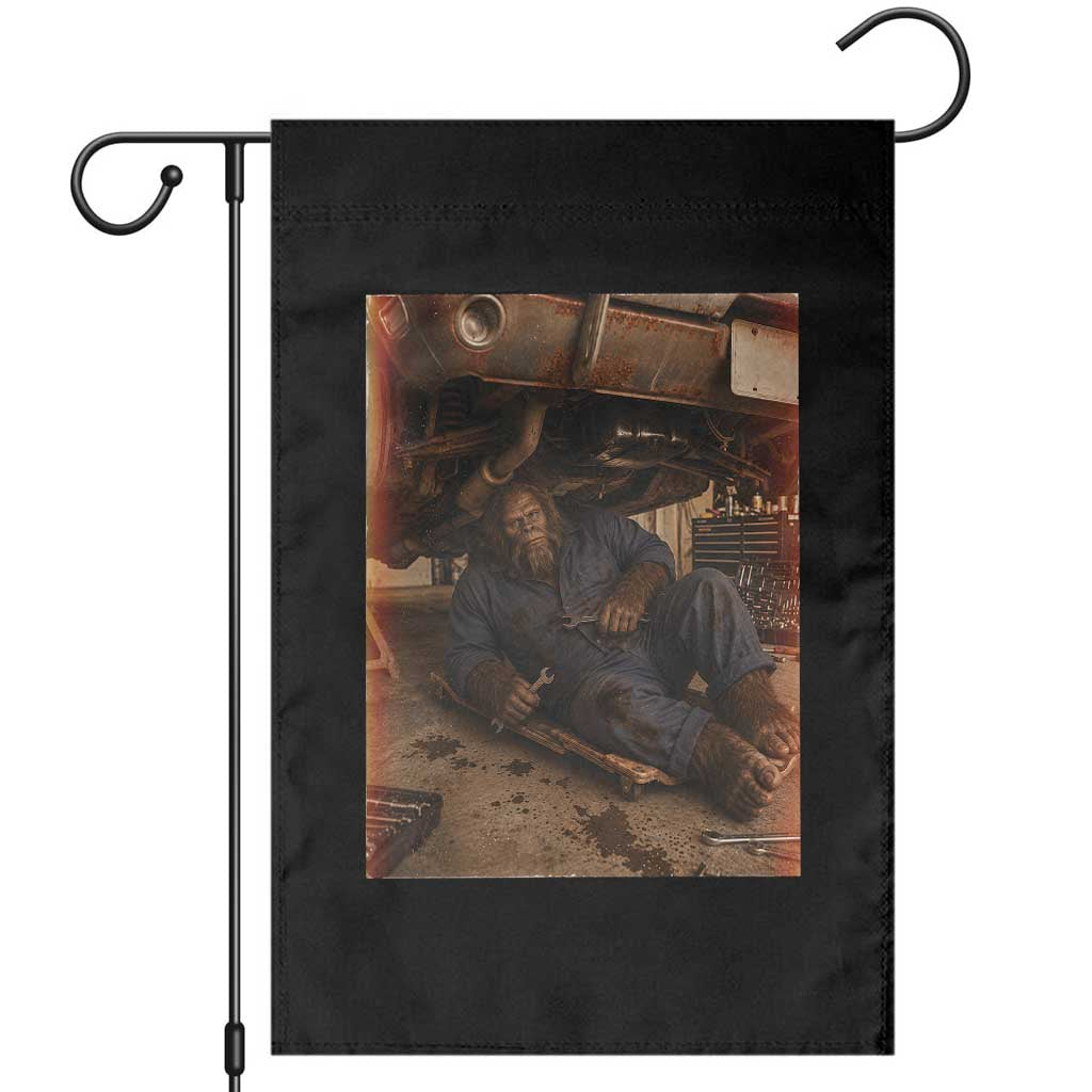 Bigfoot Mechanic Meme Garden Flag Funny Sasquatch Fixing Cars