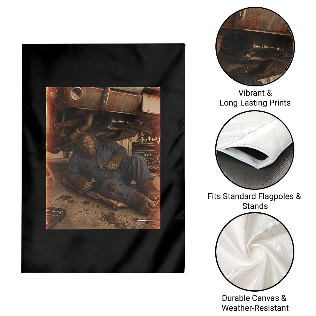 Bigfoot Mechanic Meme Garden Flag Funny Sasquatch Fixing Cars