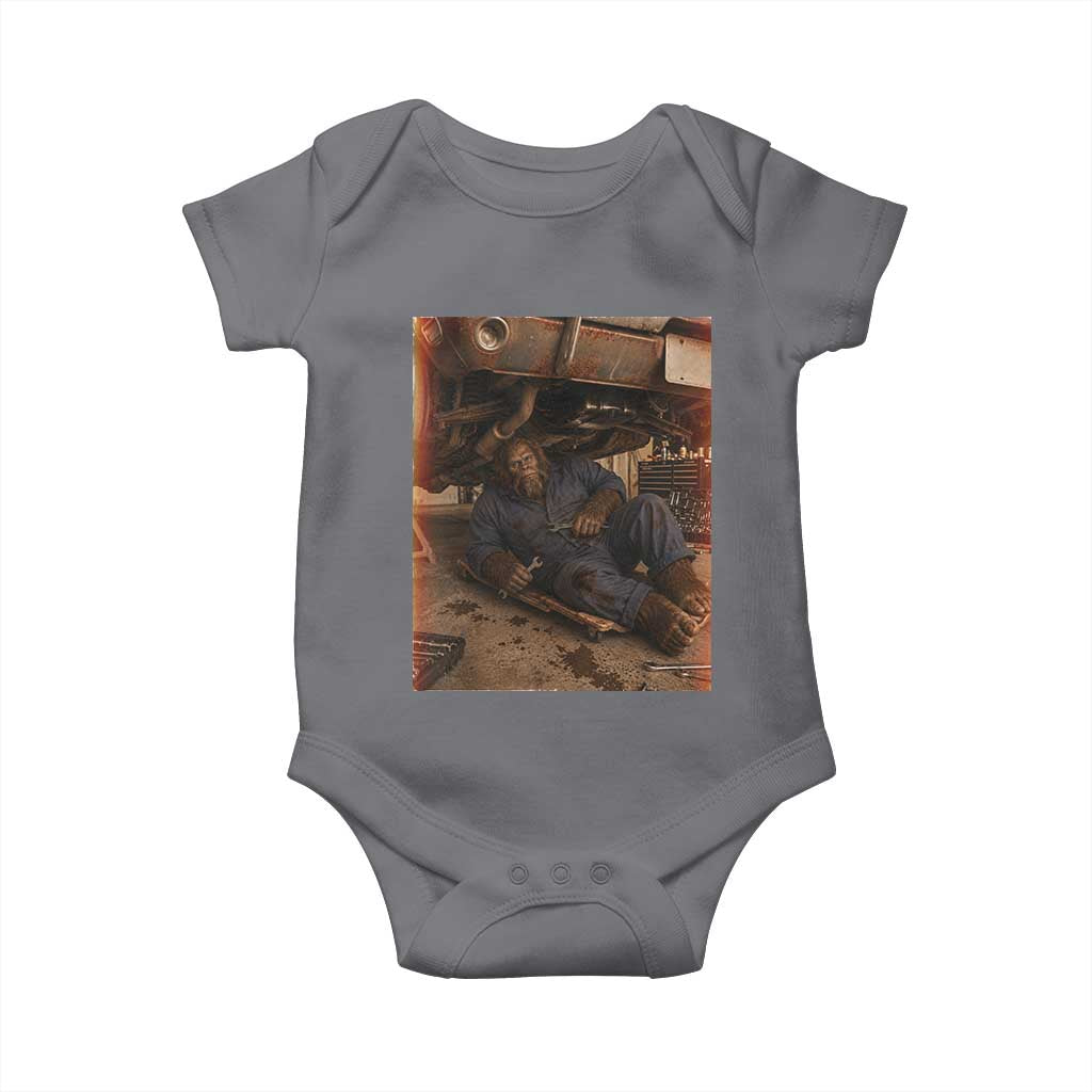 Bigfoot Mechanic Meme Baby Onesie Funny Sasquatch Fixing Cars