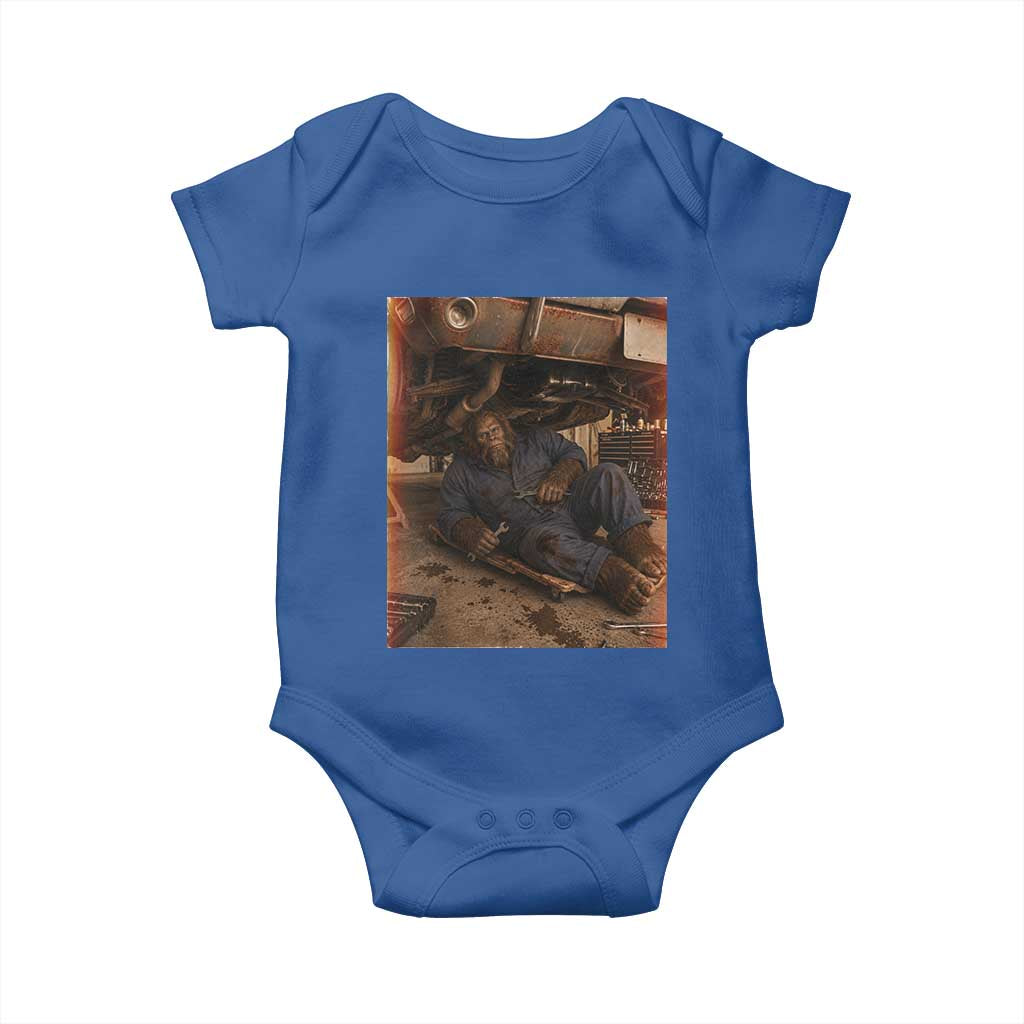 Bigfoot Mechanic Meme Baby Onesie Funny Sasquatch Fixing Cars