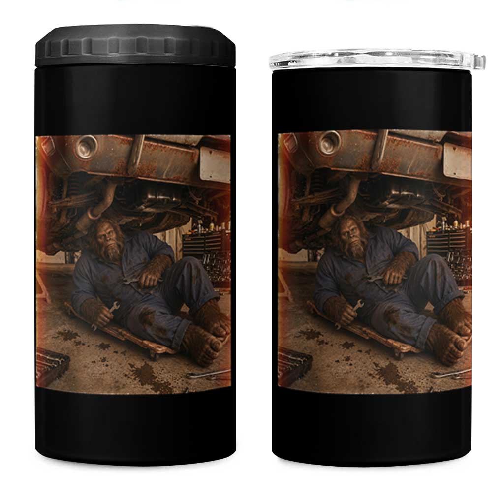 Bigfoot Mechanic Meme 4 in 1 Can Cooler Tumbler Funny Sasquatch Fixing Cars
