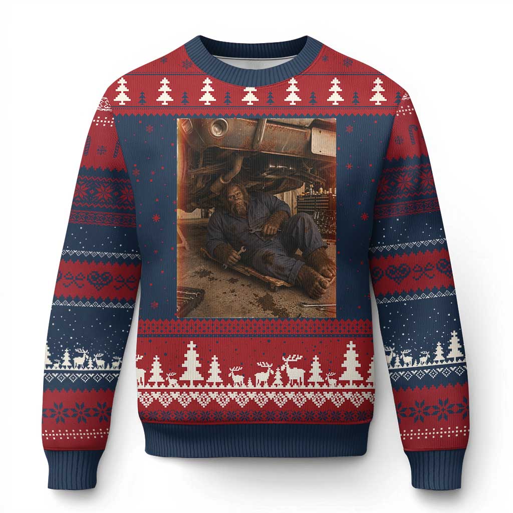 Bigfoot Mechanic Meme Ugly Christmas Sweater Funny Sasquatch Fixing Cars