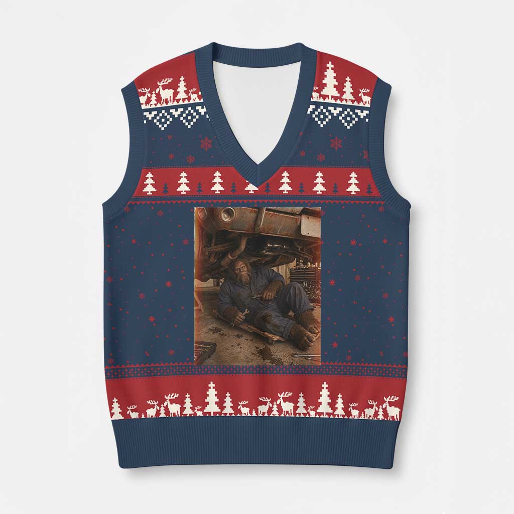 Bigfoot Mechanic Meme V-Neck Knit Sweater Vest Funny Sasquatch Fixing Cars