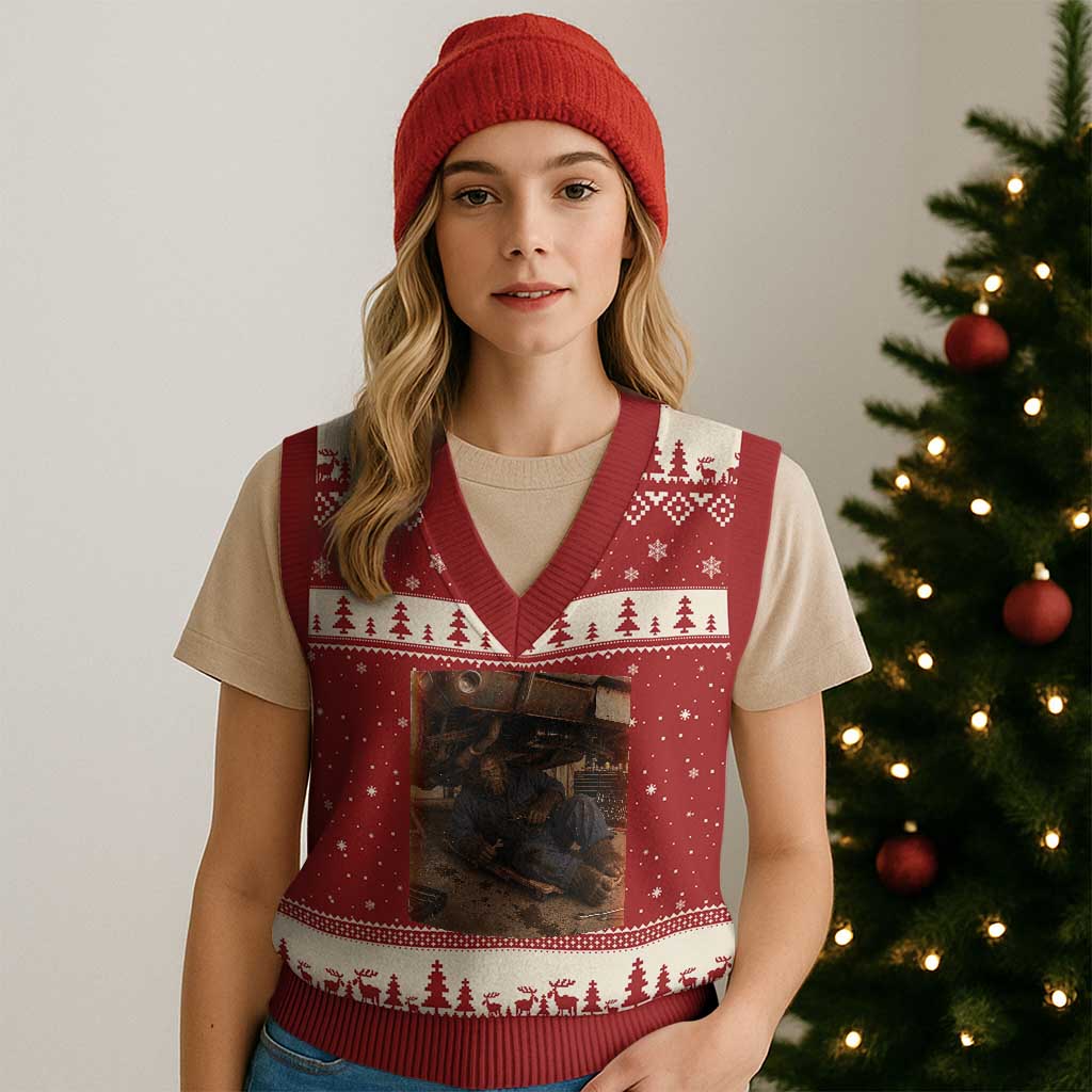Bigfoot Mechanic Meme V-Neck Knit Sweater Vest Funny Sasquatch Fixing Cars