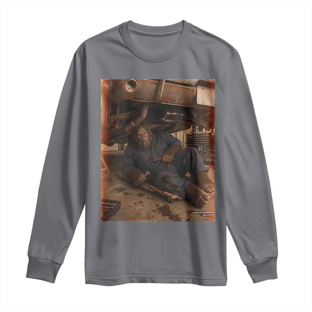 Bigfoot Mechanic Meme Long Sleeve Shirt Funny Sasquatch Fixing Cars
