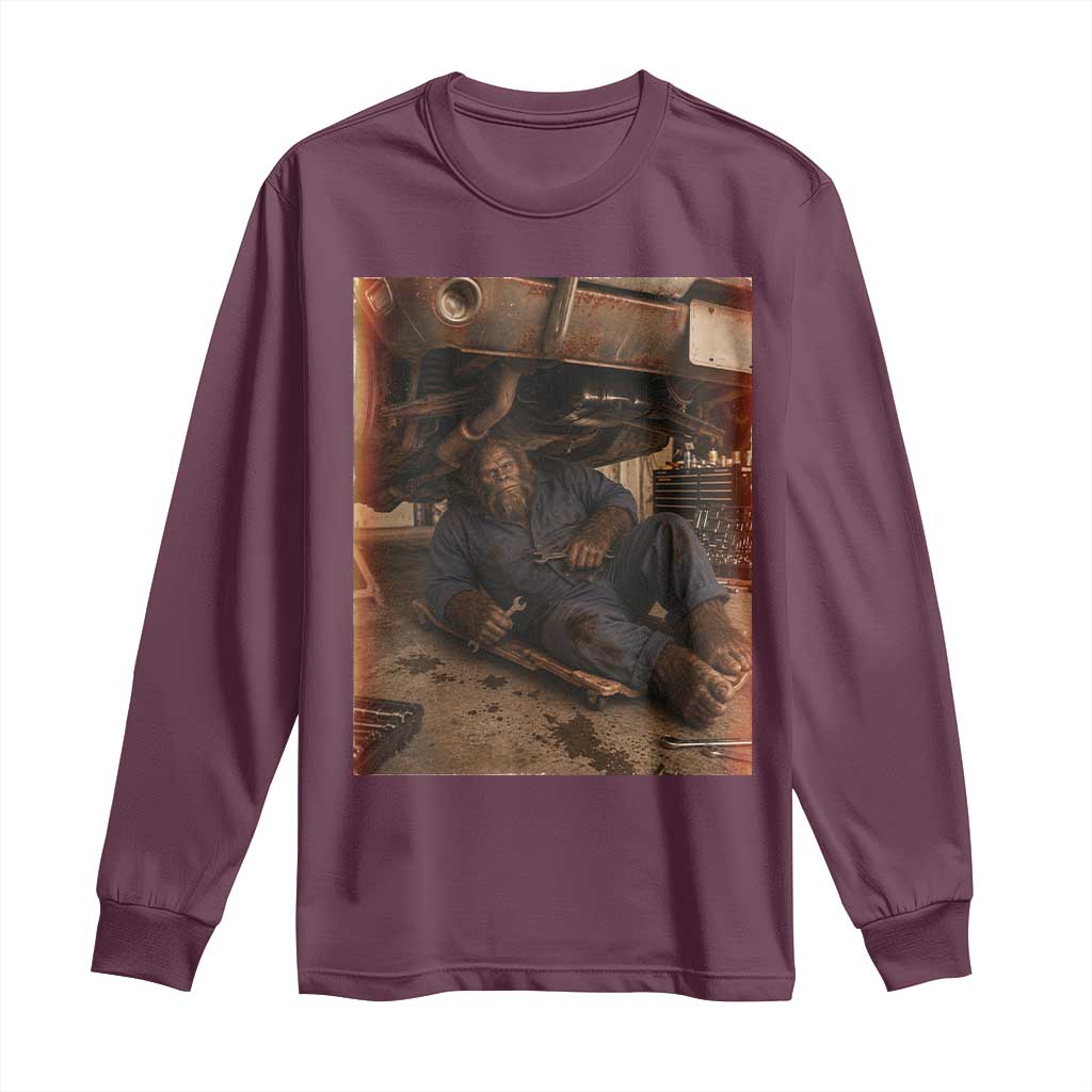 Bigfoot Mechanic Meme Long Sleeve Shirt Funny Sasquatch Fixing Cars