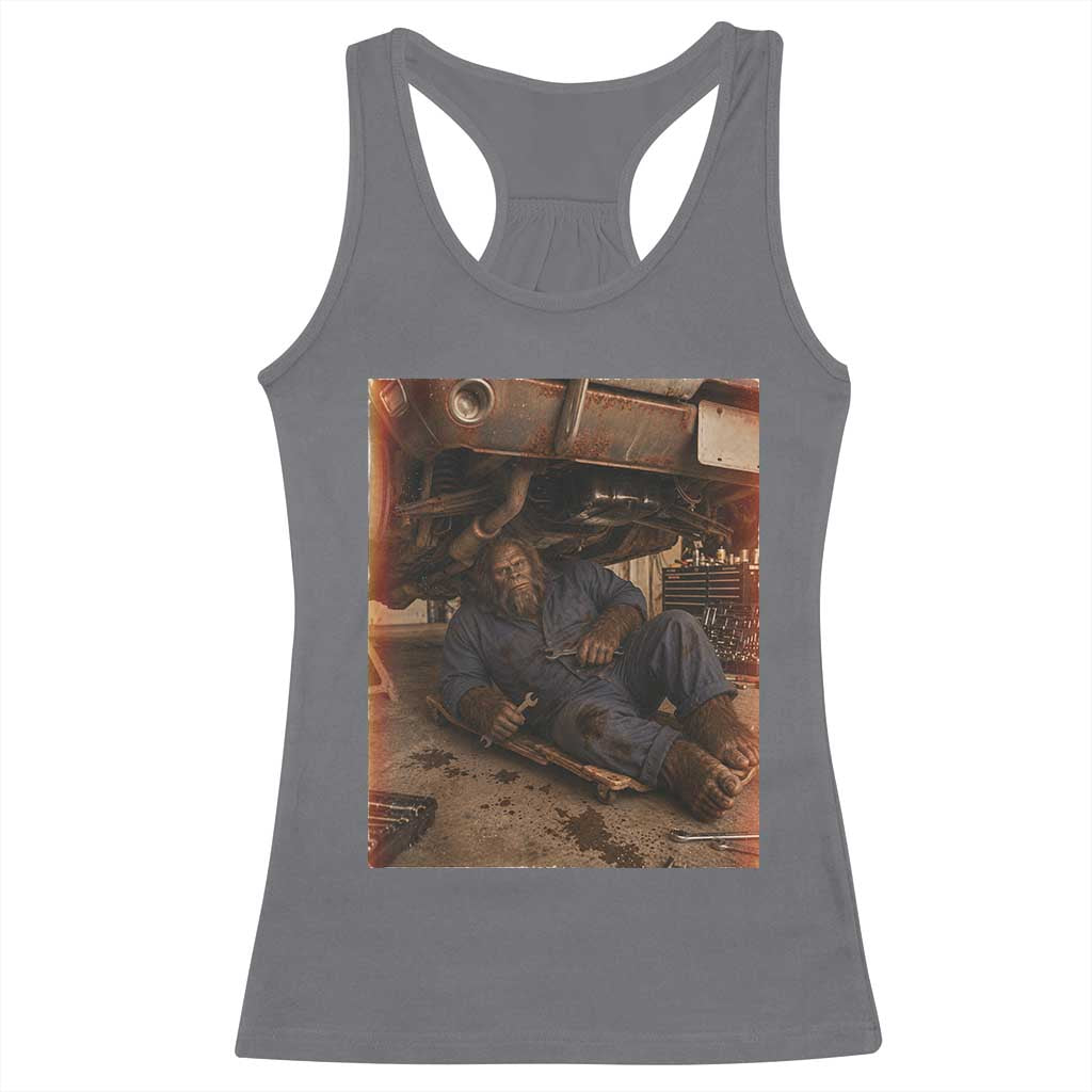 Bigfoot Mechanic Meme Racerback Tank Top Funny Sasquatch Fixing Cars