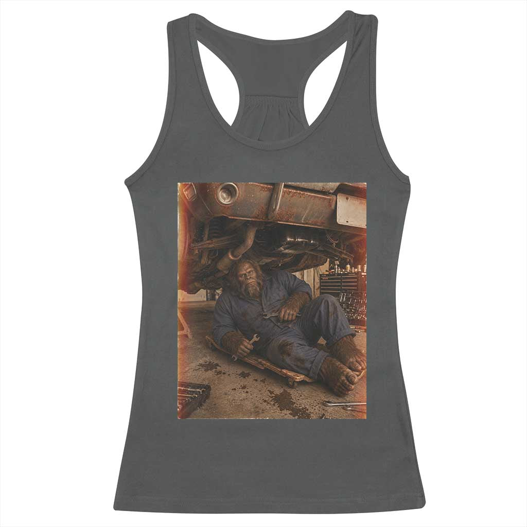 Bigfoot Mechanic Meme Racerback Tank Top Funny Sasquatch Fixing Cars