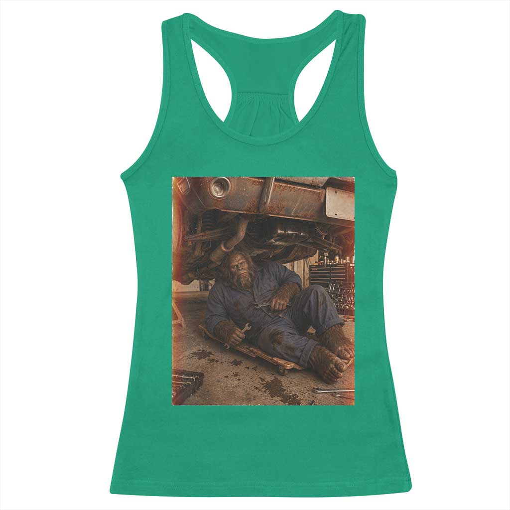 Bigfoot Mechanic Meme Racerback Tank Top Funny Sasquatch Fixing Cars