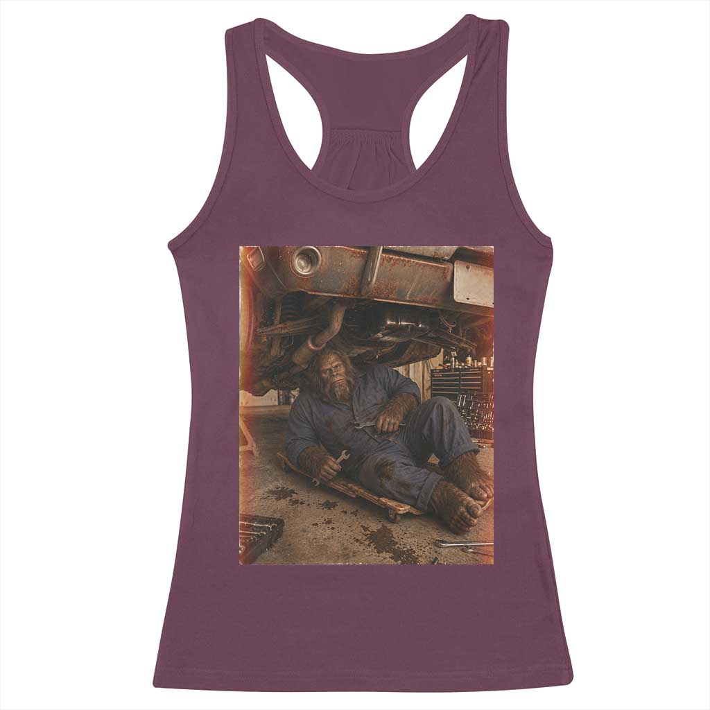 Bigfoot Mechanic Meme Racerback Tank Top Funny Sasquatch Fixing Cars