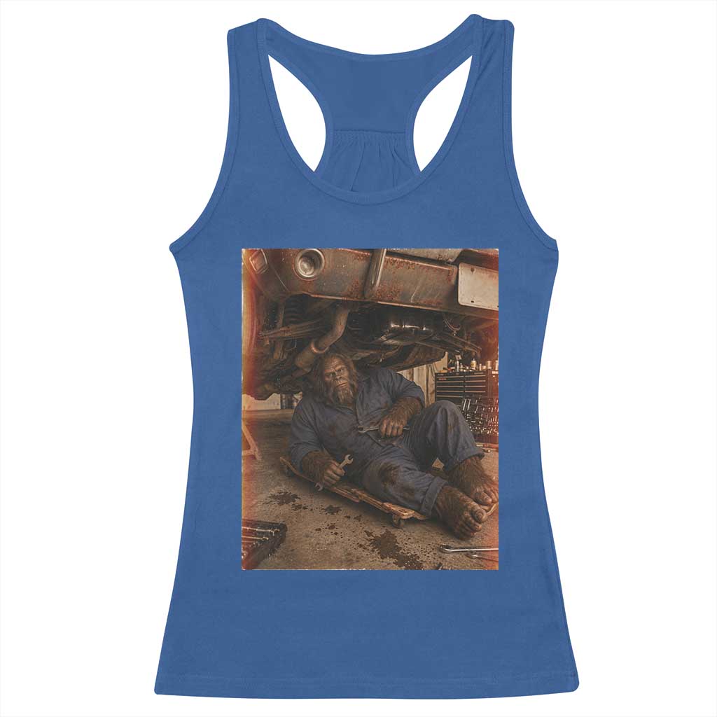 Bigfoot Mechanic Meme Racerback Tank Top Funny Sasquatch Fixing Cars