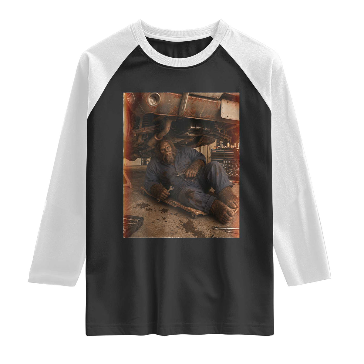 Bigfoot Mechanic Meme Raglan Shirt Funny Sasquatch Fixing Cars