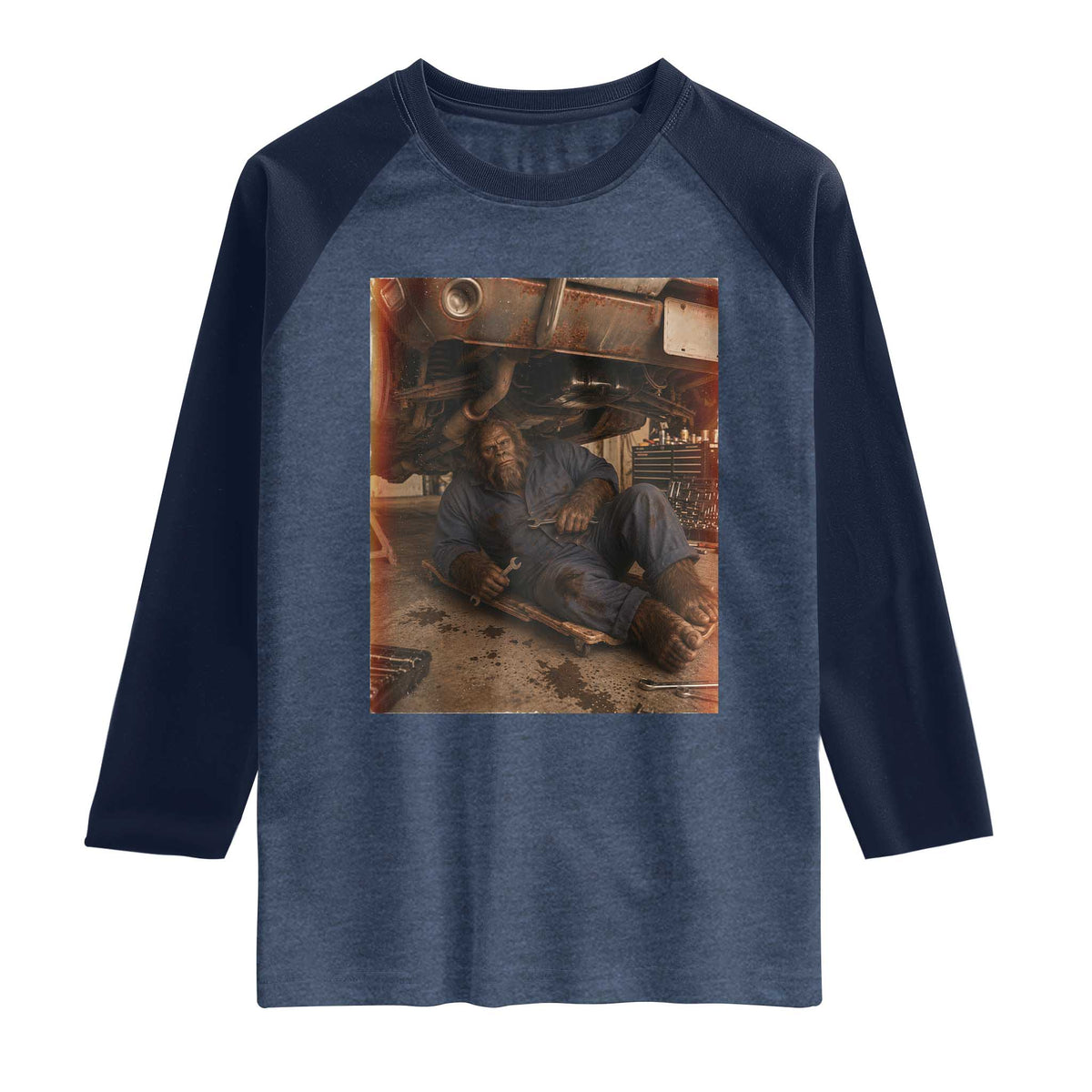 Bigfoot Mechanic Meme Raglan Shirt Funny Sasquatch Fixing Cars