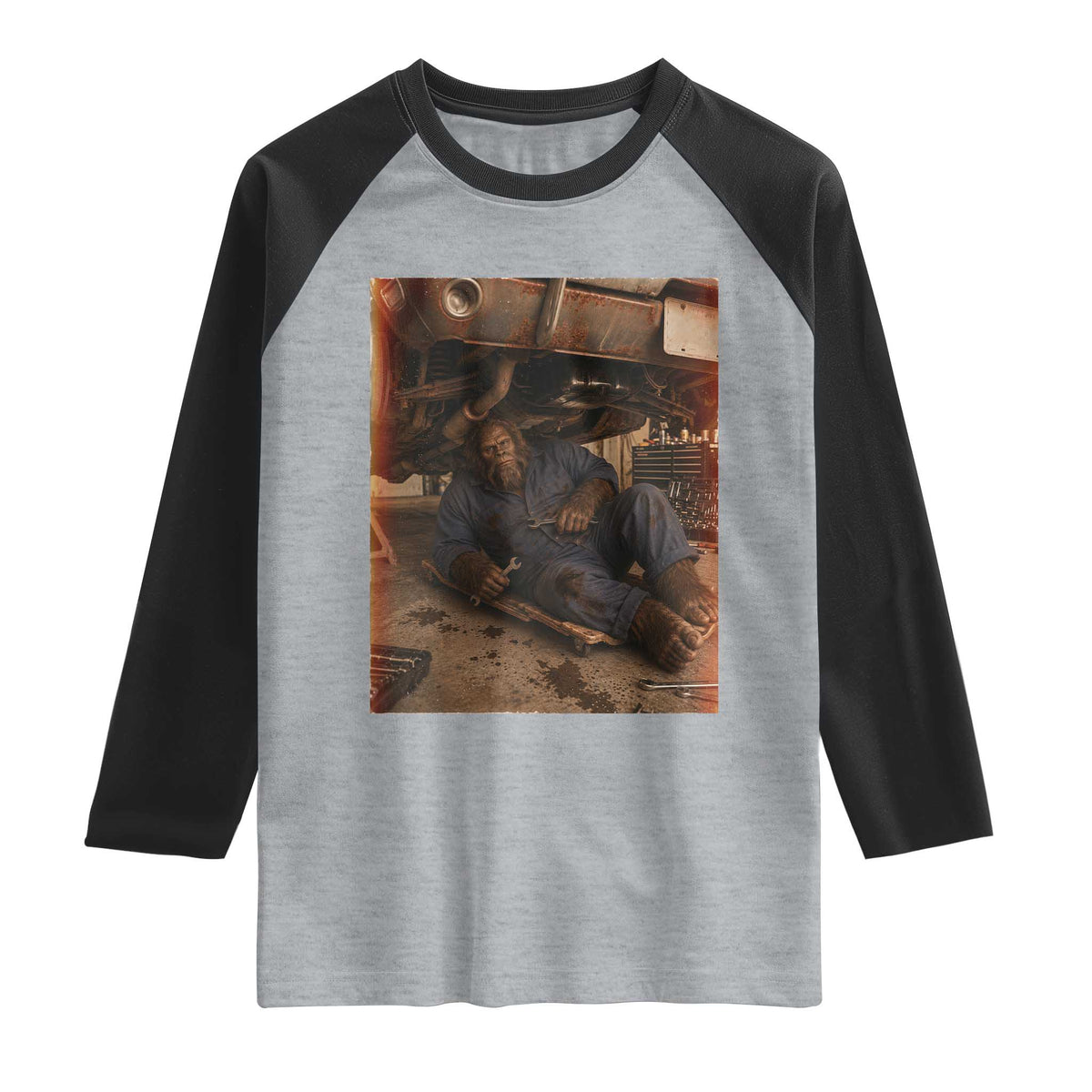 Bigfoot Mechanic Meme Raglan Shirt Funny Sasquatch Fixing Cars