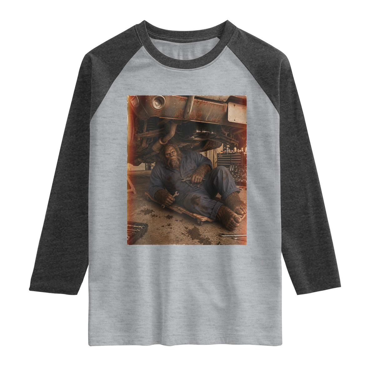 Bigfoot Mechanic Meme Raglan Shirt Funny Sasquatch Fixing Cars