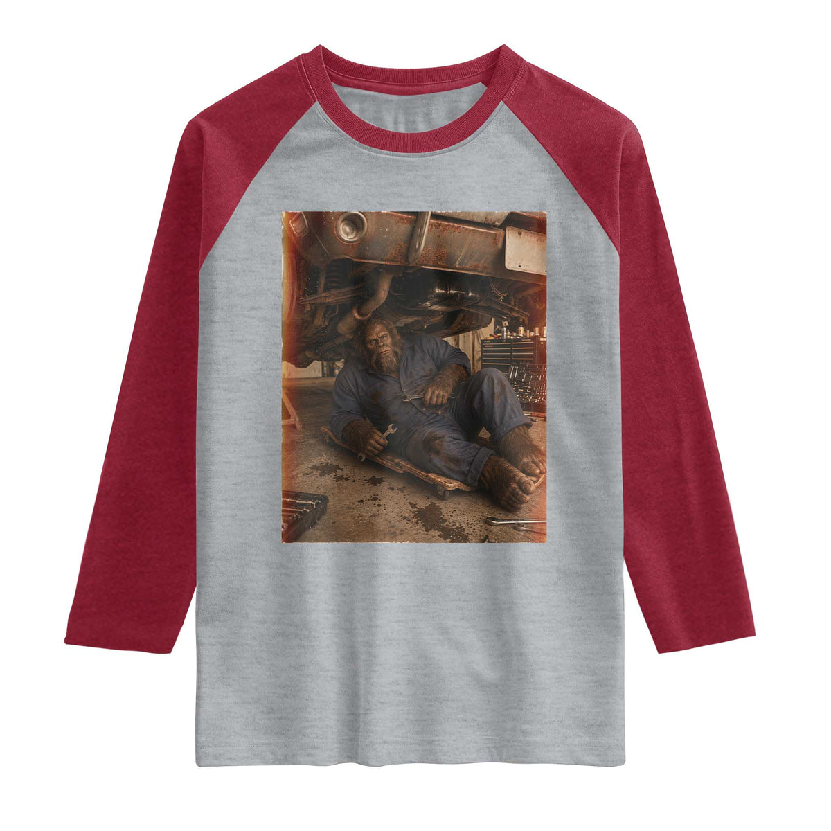 Bigfoot Mechanic Meme Raglan Shirt Funny Sasquatch Fixing Cars