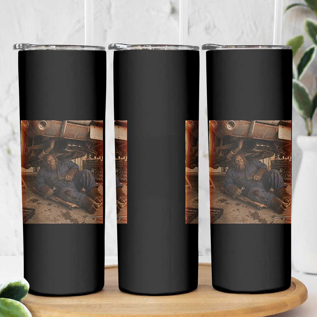 Bigfoot Mechanic Meme Skinny Tumbler Funny Sasquatch Fixing Cars