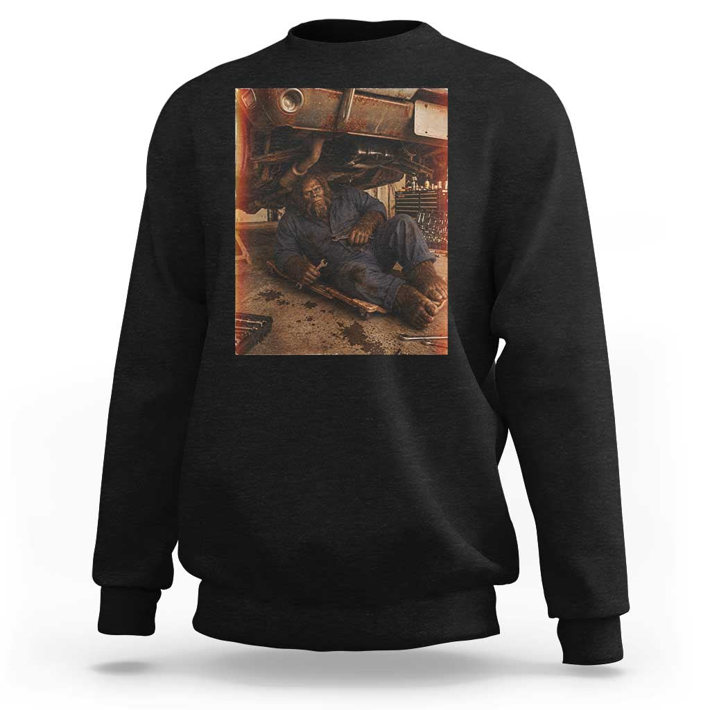 Bigfoot Mechanic Meme Sweatshirt Funny Sasquatch Fixing Cars
