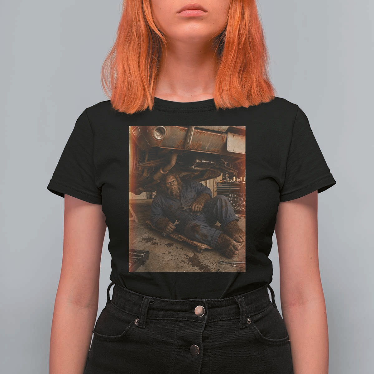 Bigfoot Mechanic Meme T Shirt For Women Funny Sasquatch Fixing Cars