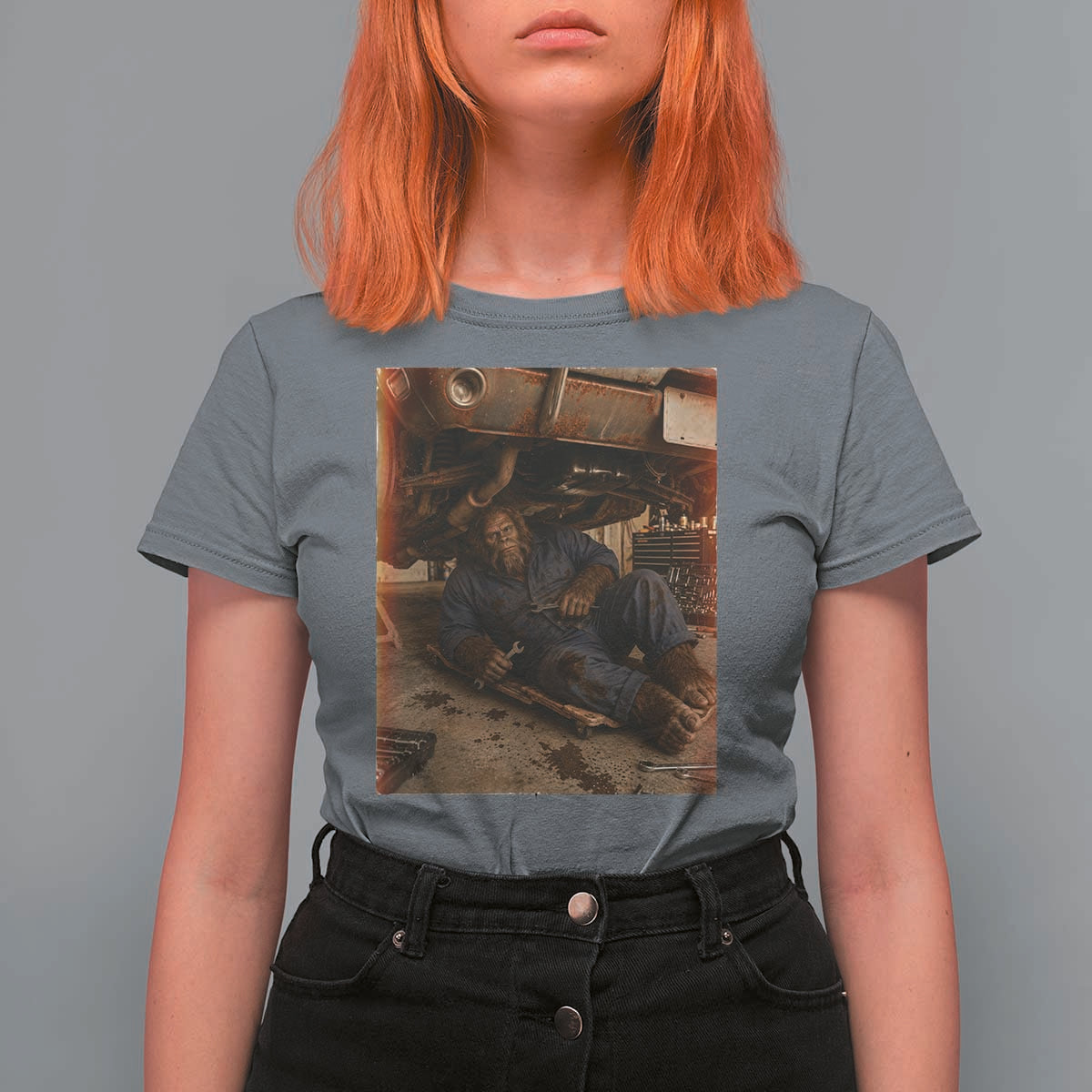 Bigfoot Mechanic Meme T Shirt For Women Funny Sasquatch Fixing Cars