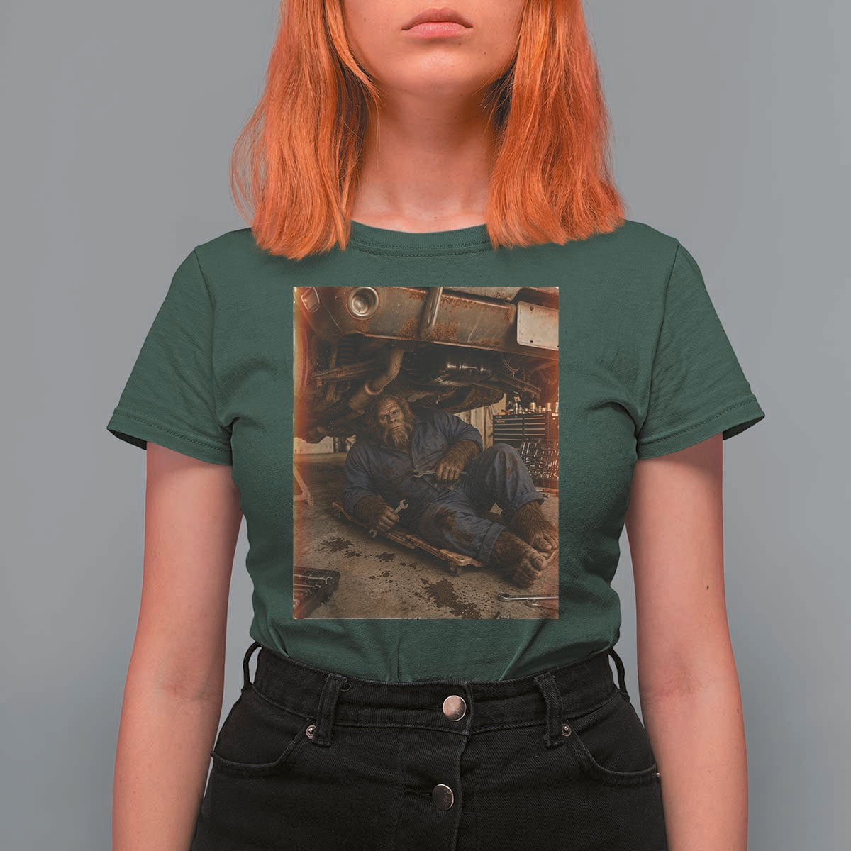 Bigfoot Mechanic Meme T Shirt For Women Funny Sasquatch Fixing Cars