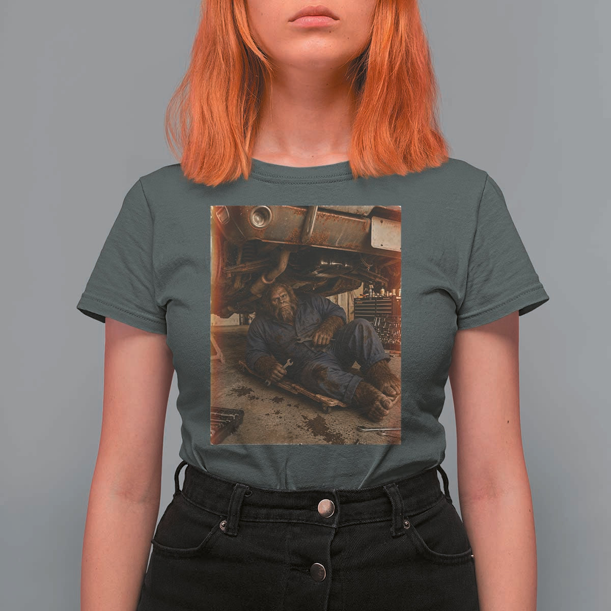 Bigfoot Mechanic Meme T Shirt For Women Funny Sasquatch Fixing Cars