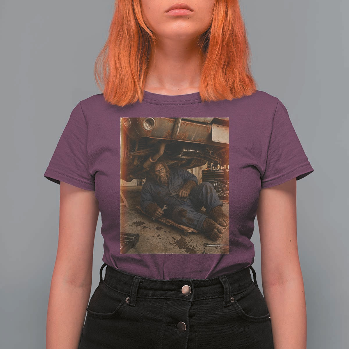 Bigfoot Mechanic Meme T Shirt For Women Funny Sasquatch Fixing Cars