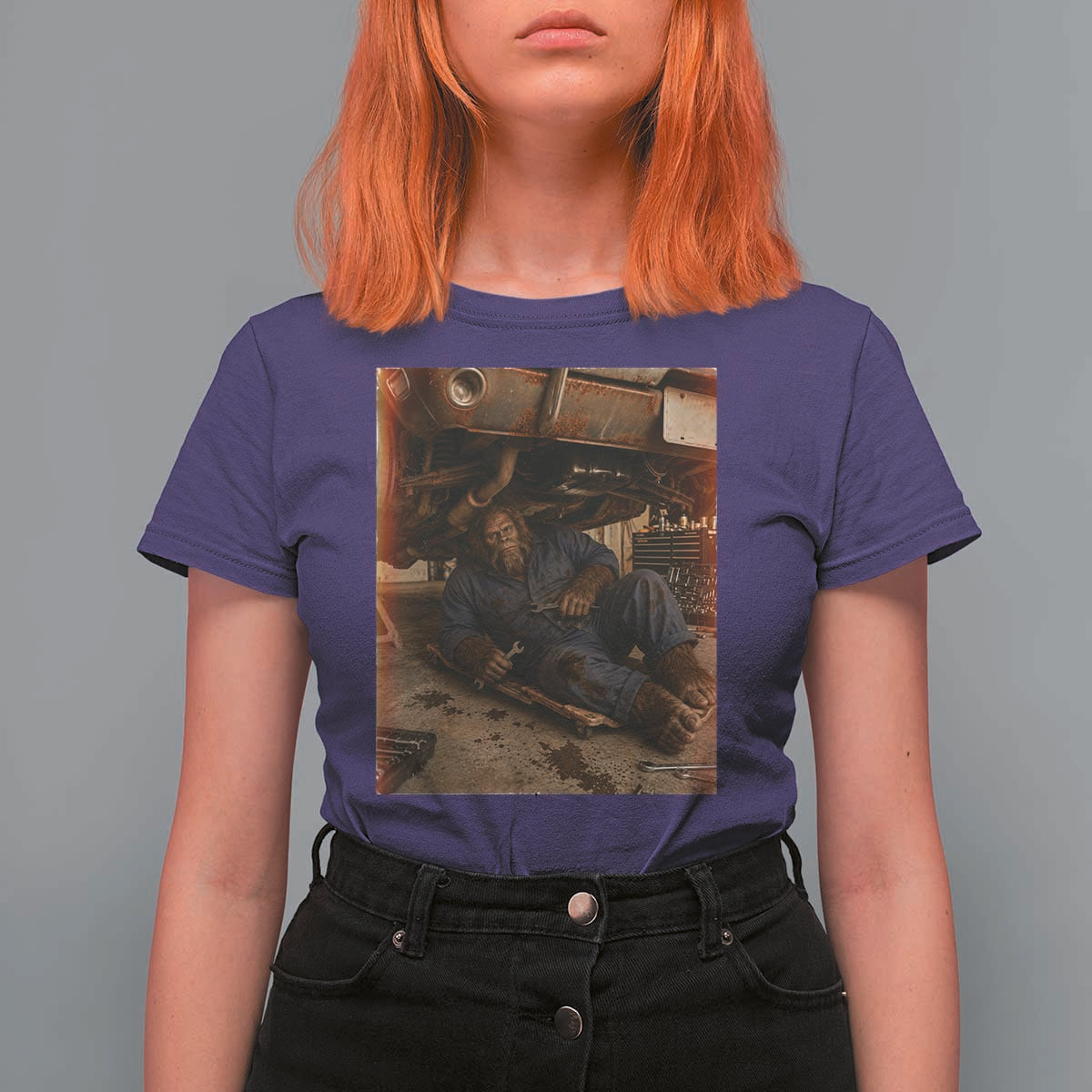 Bigfoot Mechanic Meme T Shirt For Women Funny Sasquatch Fixing Cars