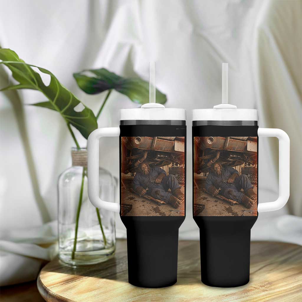 Bigfoot Mechanic Meme Tumbler With Handle Funny Sasquatch Fixing Cars
