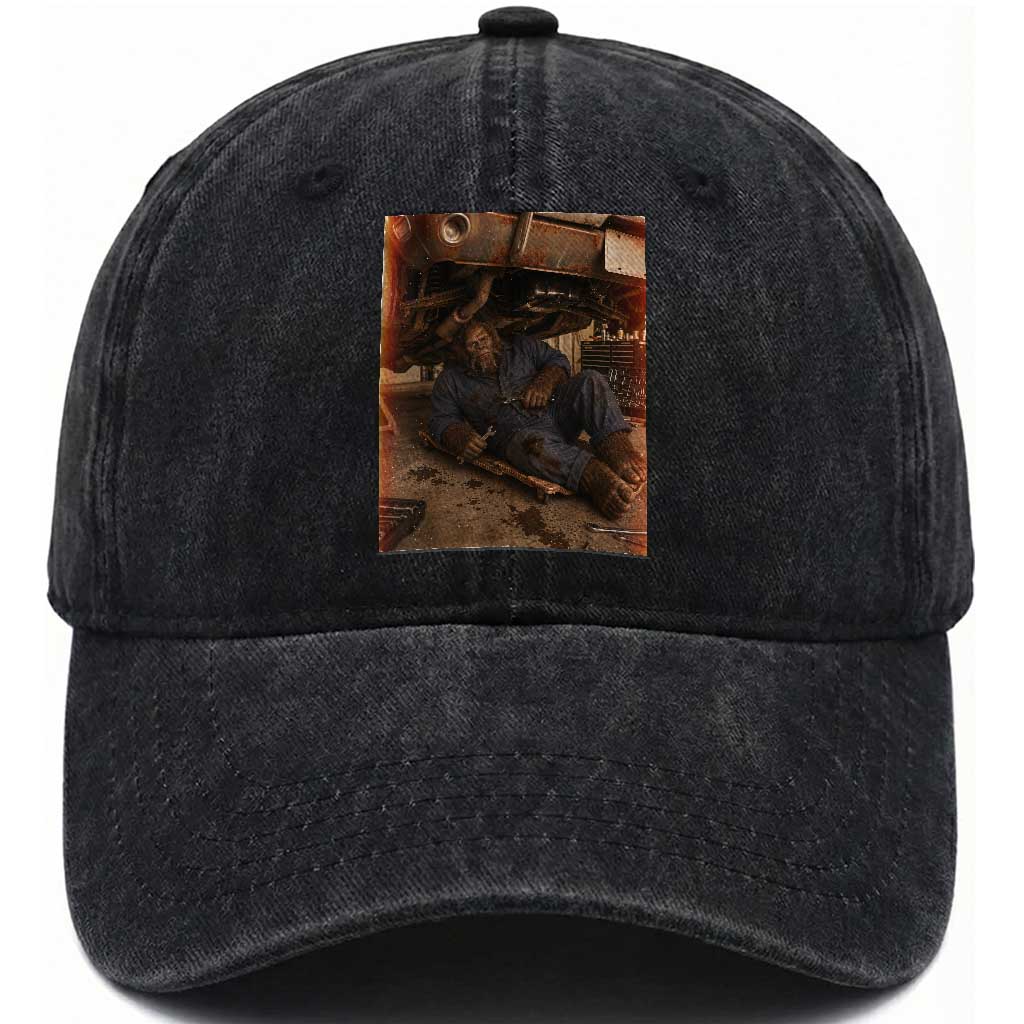 Bigfoot Mechanic Meme Washed Cotton Baseball Cap Funny Sasquatch Fixing Cars