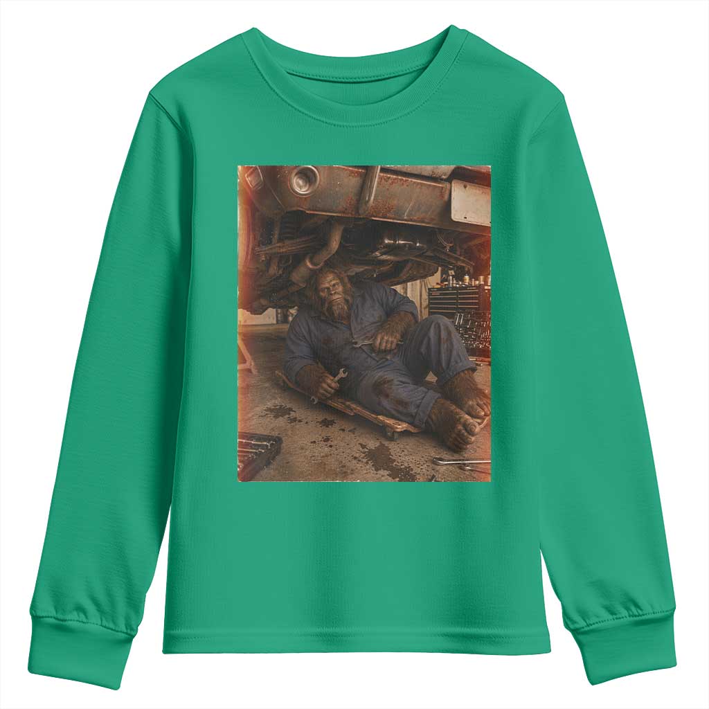 Bigfoot Mechanic Meme Youth Sweatshirt Funny Sasquatch Fixing Cars