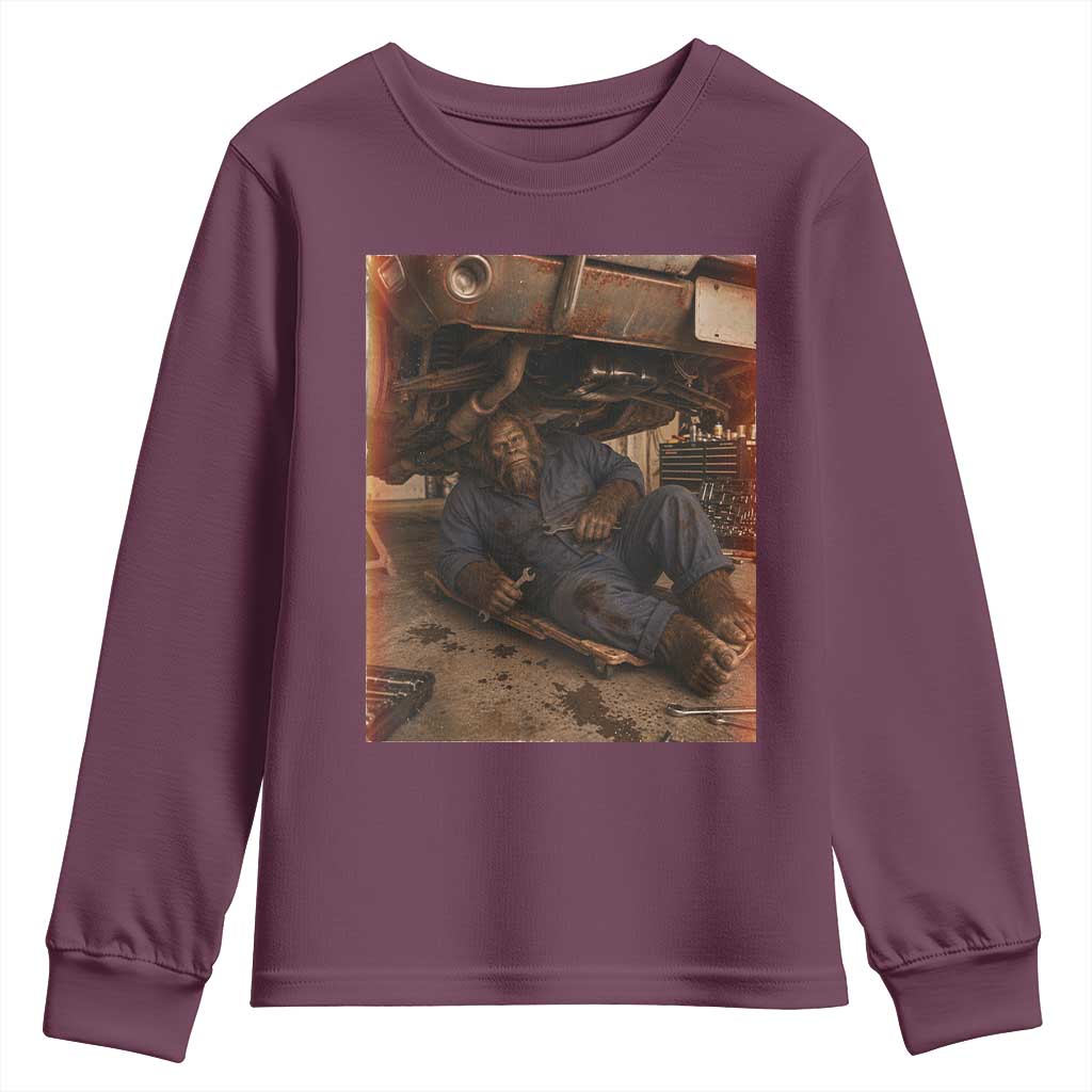 Bigfoot Mechanic Meme Youth Sweatshirt Funny Sasquatch Fixing Cars