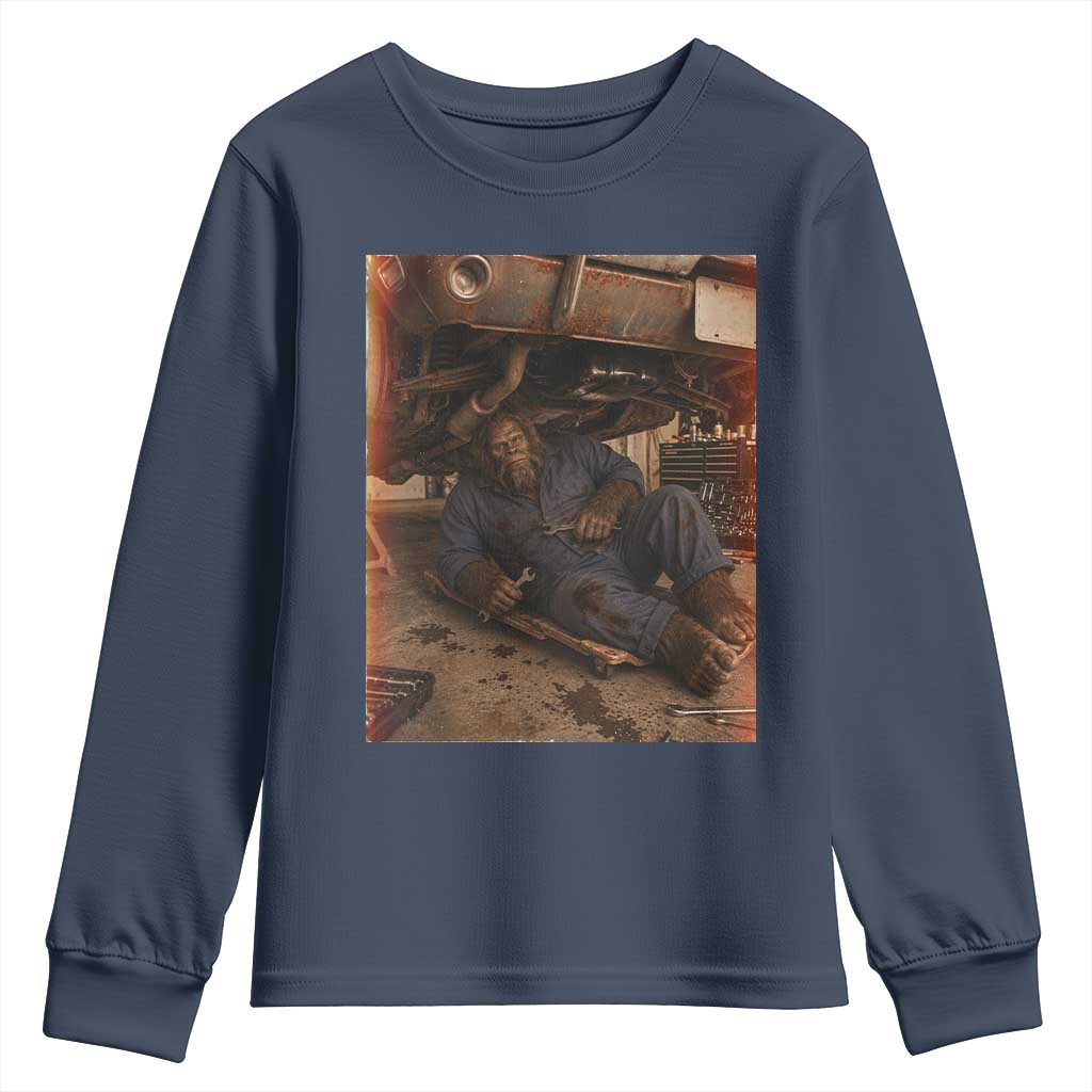 Bigfoot Mechanic Meme Youth Sweatshirt Funny Sasquatch Fixing Cars