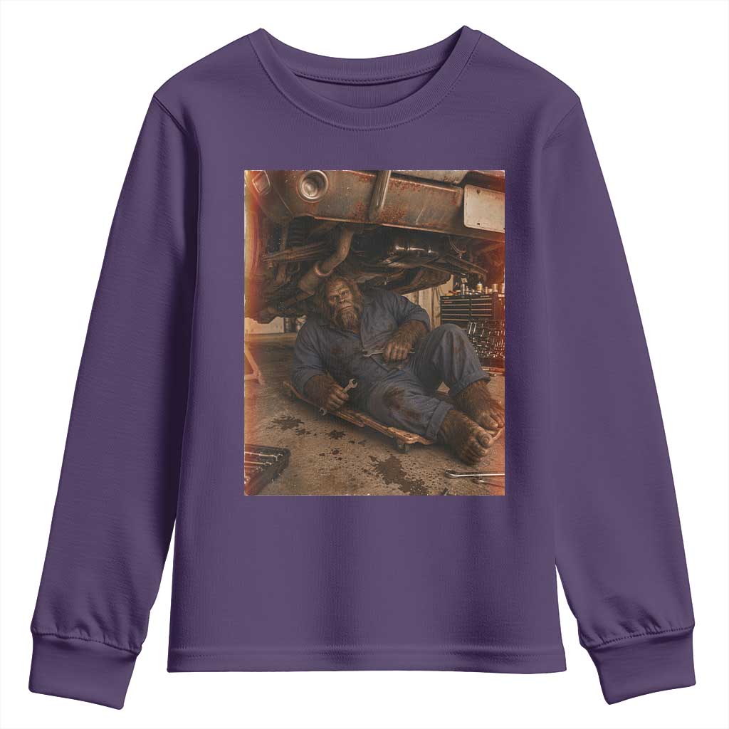 Bigfoot Mechanic Meme Youth Sweatshirt Funny Sasquatch Fixing Cars