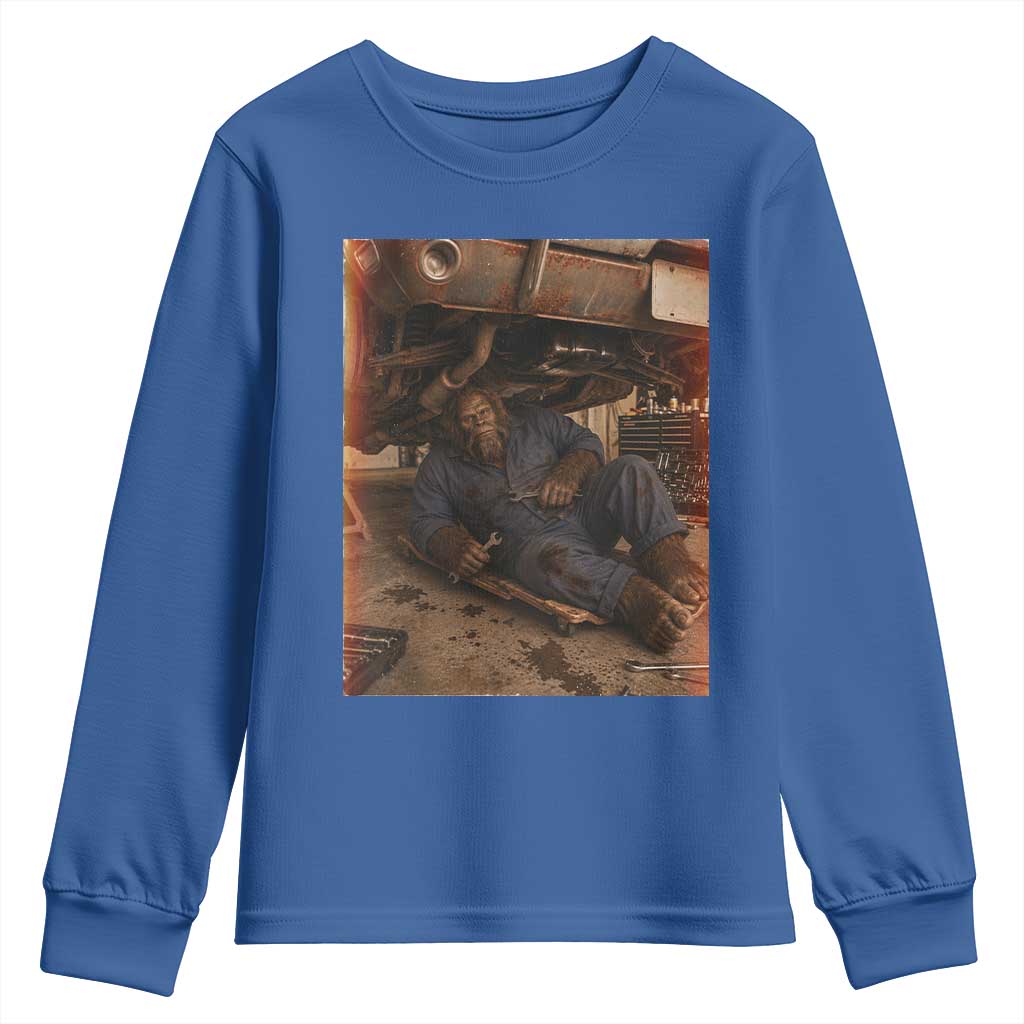 Bigfoot Mechanic Meme Youth Sweatshirt Funny Sasquatch Fixing Cars