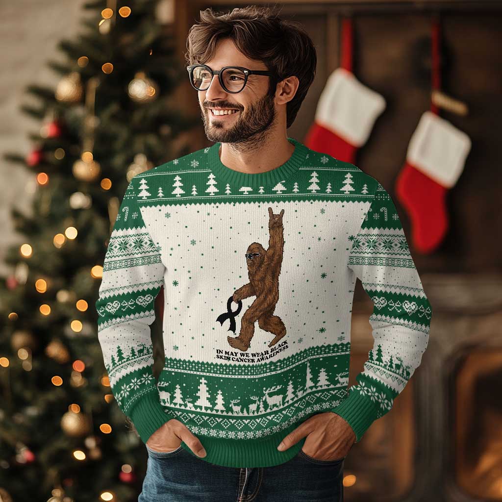 Funny Bigfoot Skin Cancer Support Ugly Christmas Sweater In May We Wear Black