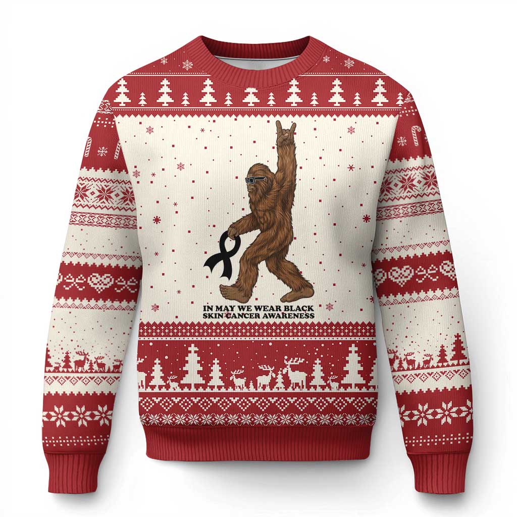 Funny Bigfoot Skin Cancer Support Ugly Christmas Sweater In May We Wear Black