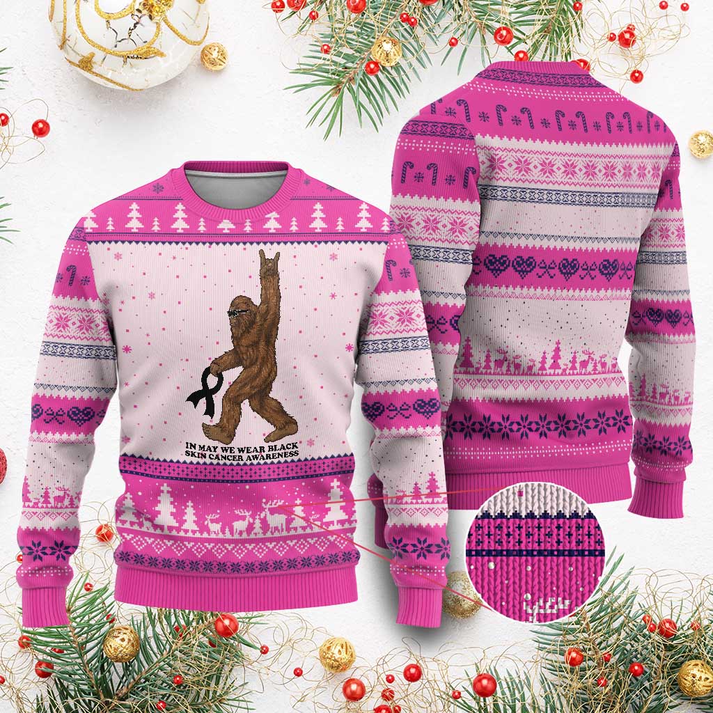 Funny Bigfoot Skin Cancer Support Ugly Christmas Sweater In May We Wear Black