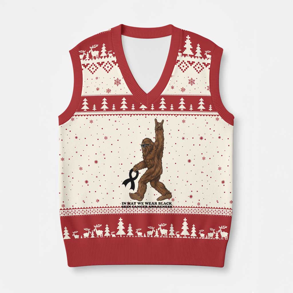 Funny Bigfoot Skin Cancer Support V-Neck Knit Sweater Vest In May We Wear Black
