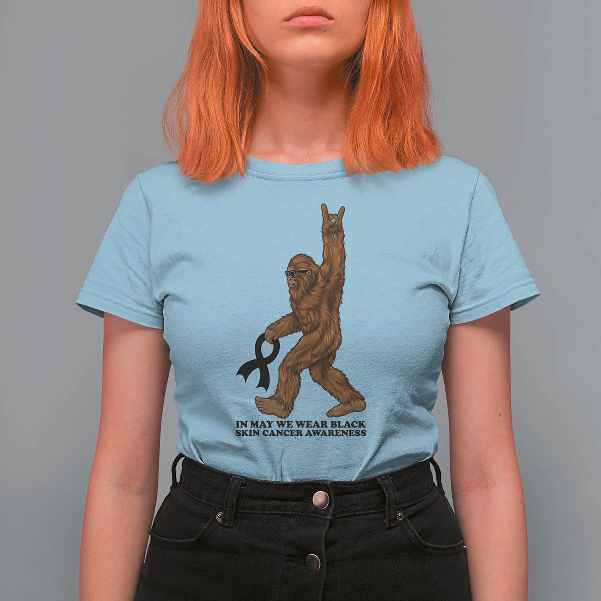 Funny Bigfoot Skin Cancer Support T Shirt For Women In May We Wear Black