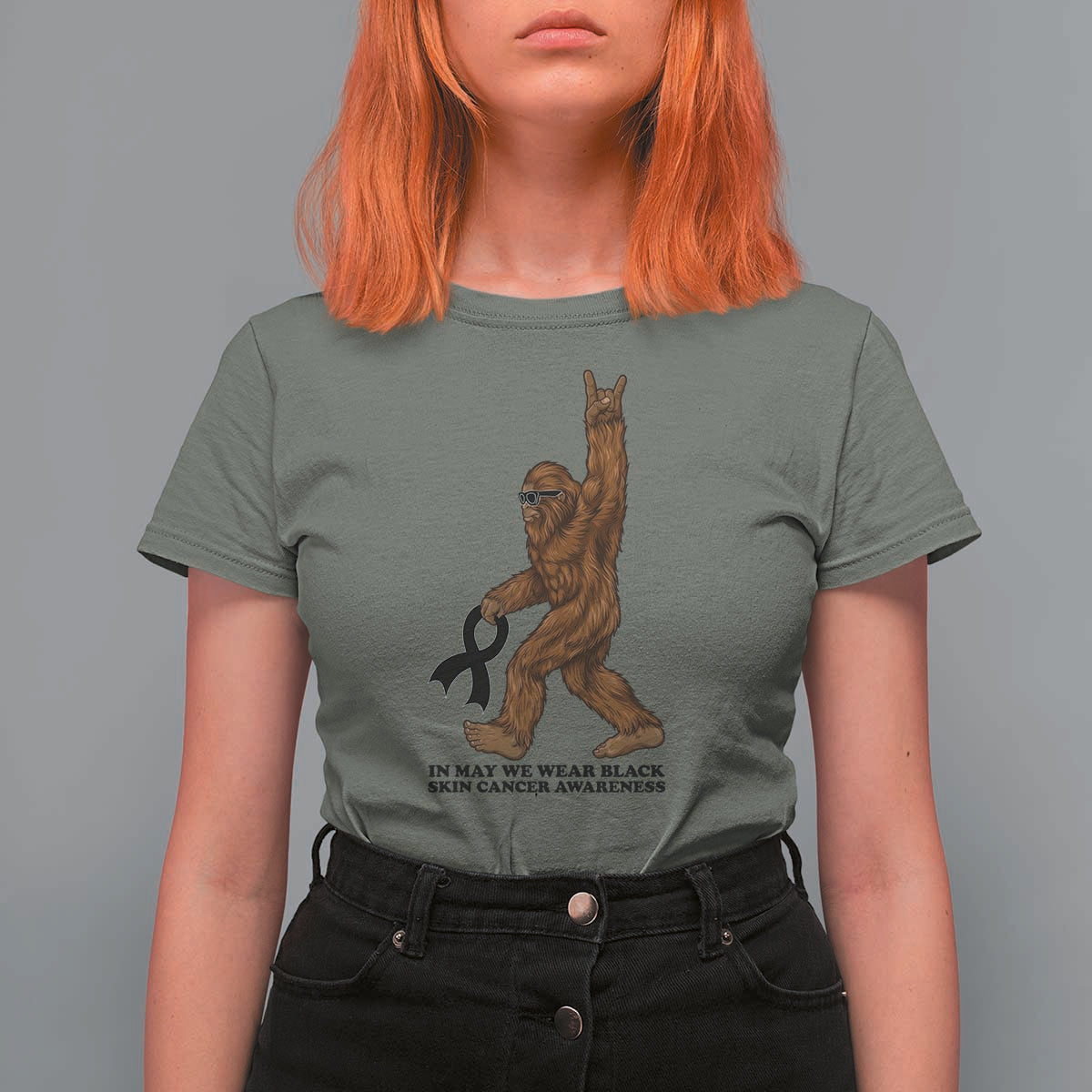Funny Bigfoot Skin Cancer Support T Shirt For Women In May We Wear Black